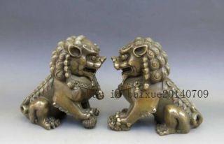 Chinese Old Copper Animal Feng Shui Foo Dog Lion Town House Statue Pair G02