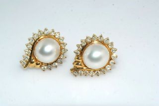 Stunning Diamond & 10mm Pearl 14k Yellow Gold Earrings 1.  0 Carat