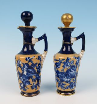 Pr Antique English Porcelain Cruets Birds Cobalt Gold Silver Hand Painted Bottle