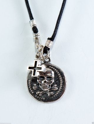 King Baby Sterling Silver Large Skull Coin & Ancient Cross On Braided Cord