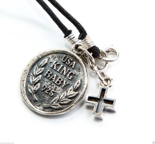 King Baby Sterling Silver Large Skull Coin & Ancient Cross on Braided Cord 3