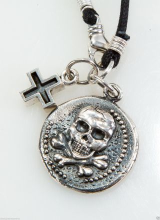 King Baby Sterling Silver Large Skull Coin & Ancient Cross on Braided Cord 4