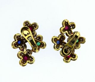 18k Gold Diamond Emerald Ruby Sapphire Flower Earrings 3