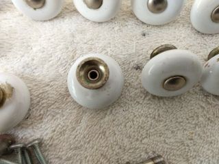31 vintage white porcelain hardware drawer pulls knobs,  2 brass 3