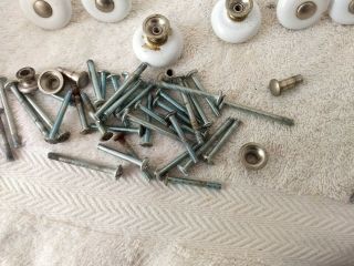 31 vintage white porcelain hardware drawer pulls knobs,  2 brass 4