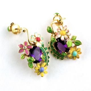 Cristian Dior Jewelry 750 Yellow Gold Amethyst Enamel Floral Earrings