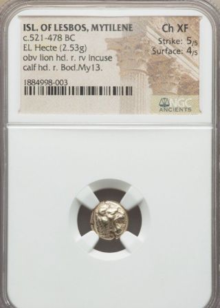 Isl of Lesbos,  Mytilene LION El Hecte NGC Choice XF 5/4 ancient gold coin 2