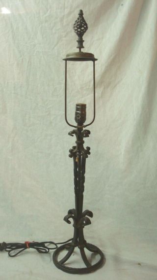 Antique Wrought Iron Arts & Crafts Lamp Base 4 Slag,  Panel,  Reverse Painted Shade