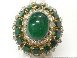 28ctw Natural Emerald,  4.  00ctw Fine Diamond 18k Gold Ring 1950s Giant Statement