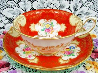 Hammersley Hp Floral Ornate Gold Gilt Bright Orange Tea Cup And Saucer