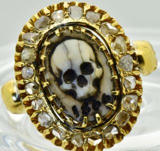 Museum Victorian 18k Gold&rose Cut Diamonds Memento Mori Cameo Skull Ring.  C1866