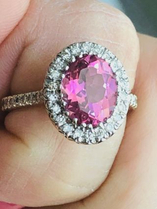 18k Wg Oval Shaped Natural Pink Tourmaline Ring W Diamonds