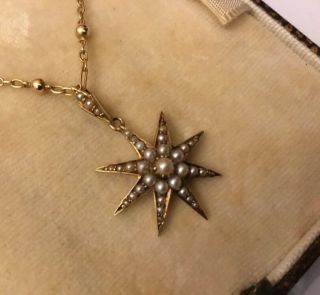 Antique Edwardian 15k 15ct Gold Seed Pearl Star Necklace,  18 " Gold Fancy Chain