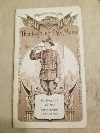 Rare 1917 Camp Sherman Thanksgiving Menu Troop 83rd Division Chillicothe,  Oh