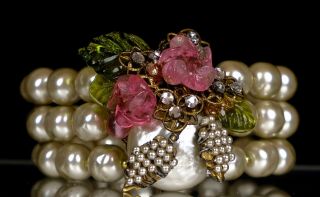 Signed Miriam Haskell Baroque & Seed Pearl Bangle Bracelet Bold Stretch Erandbr1