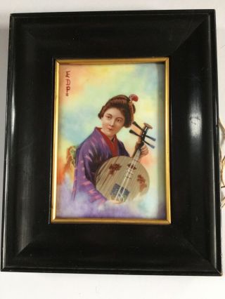 Antique French Painted Portrait Porcelain Plaque Signed In Frame Geisha