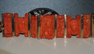 Rare Unique Antique Carved Coral Cameo Large Gold Bracelet