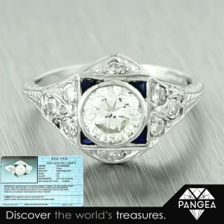 Antique Art Deco Platinum Diamond & Sapphire Bridal Ring 1.  24ctw Egl Size 6