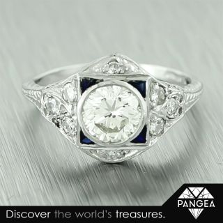 Antique Art Deco Platinum Diamond & Sapphire Bridal Ring 1.  24ctw EGL Size 6 3