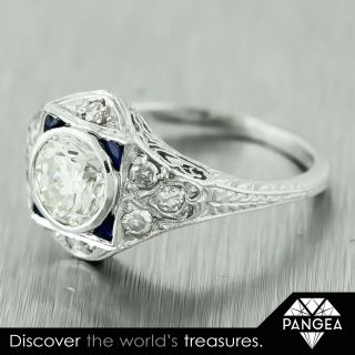 Antique Art Deco Platinum Diamond & Sapphire Bridal Ring 1.  24ctw EGL Size 6 4