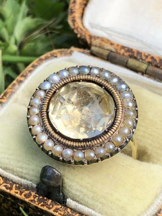 Antique Georgian Foiled Yellow Citrine And Pearl Halo Shape Ring Band