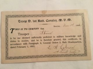 Military Certificate Roxbury Horse Guard,  Troop D Batt.  Cavalry M.  V.  M.  Ma 1902