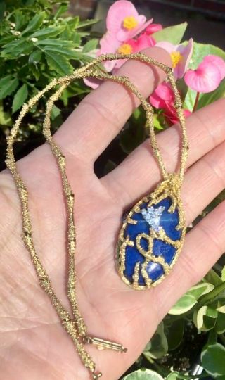 La Triomphe 18k Gold Lapis Lazuli VS Diamond Brutalist Modern Pendant Necklace 4