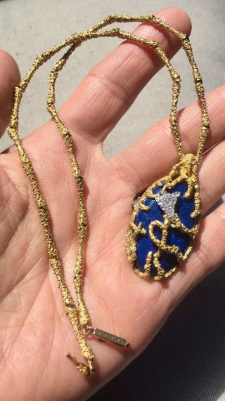 La Triomphe 18k Gold Lapis Lazuli VS Diamond Brutalist Modern Pendant Necklace 9