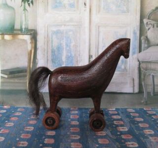 3 " Vintage Style Miniature Pull Toy Wood Horse Doll Hand Carved By Hitty Artists