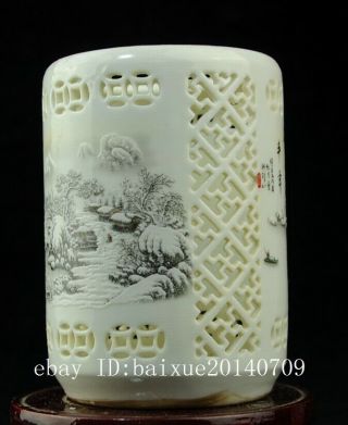 Chinese Old Porcelain Famille Rose Snowscape Brush Pot /qianlong Mark 58 B01
