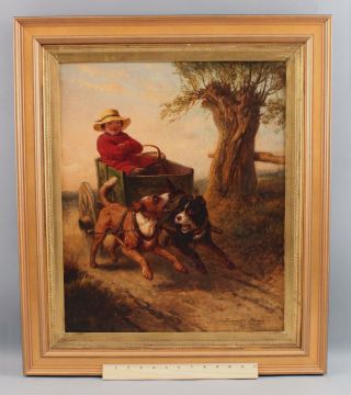 Antique Henriette Ronner Oil Painting Bull Terrier Dogs Pulling Wagon & Girl
