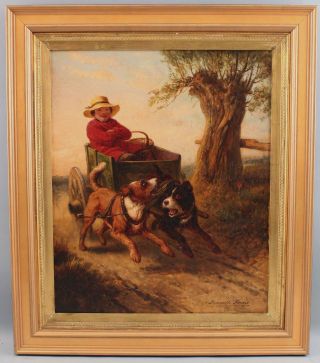 Antique HENRIETTE RONNER Oil Painting Bull Terrier Dogs Pulling Wagon & Girl 2