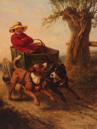 Antique HENRIETTE RONNER Oil Painting Bull Terrier Dogs Pulling Wagon & Girl 3