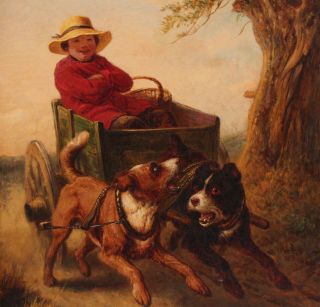 Antique HENRIETTE RONNER Oil Painting Bull Terrier Dogs Pulling Wagon & Girl 4