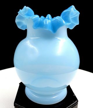 Bristol Glass Blue Round Crimped Ruffled Rim 4 3/4 " Vase 1870 - 1910