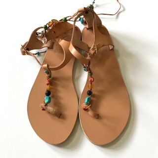 Ancient Greek Sandals Womens 39 Chrysso Embellished Leather T Strap Stones Rocks