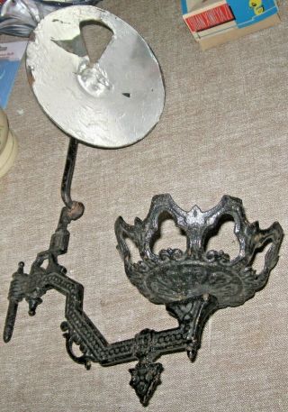 Antique Victorian Black Cast Iron Oil Lamp Sconce & Reflector Wall Mounted