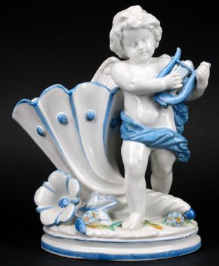 Antique German Blue White Cherub Angel Playing Harp Porcelain Figurine Vase