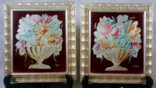 Vintage 2 Reverse Painted Foil Floral Pictures Signed By W Edwin Fager