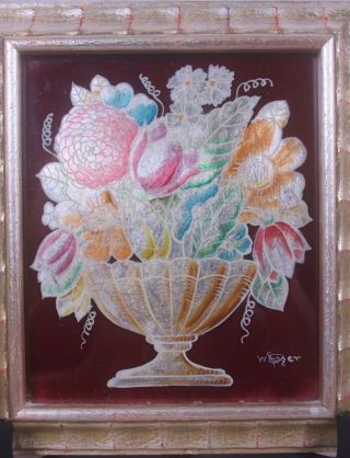 Vintage 2 Reverse Painted Foil Floral Pictures Signed by W Edwin Fager 3