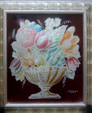 Vintage 2 Reverse Painted Foil Floral Pictures Signed by W Edwin Fager 4