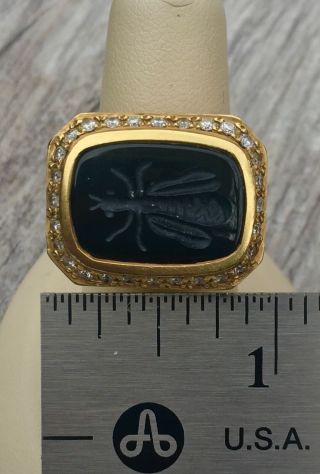 Slane 18k Yellow Gold Grace Black onyx intaglio bee diamond ring,  25.  5g,  sz 6.  5 12