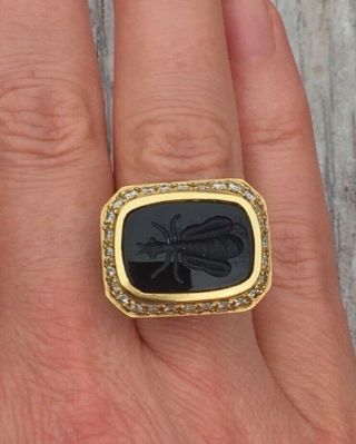 Slane 18k Yellow Gold Grace Black onyx intaglio bee diamond ring,  25.  5g,  sz 6.  5 3