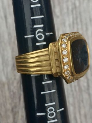Slane 18k Yellow Gold Grace Black onyx intaglio bee diamond ring,  25.  5g,  sz 6.  5 5