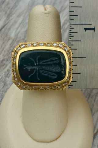 Slane 18k Yellow Gold Grace Black onyx intaglio bee diamond ring,  25.  5g,  sz 6.  5 7