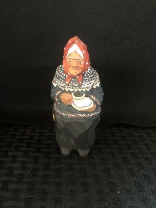 Nils Gunnarsson Swedish Wood Hand Carved Figure Woman On Stool Drinking Tea - Nm