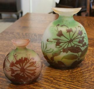 Antique Galle Cameo Art Glass Floral Vases – “pilgrim” Or Flask Shaped -