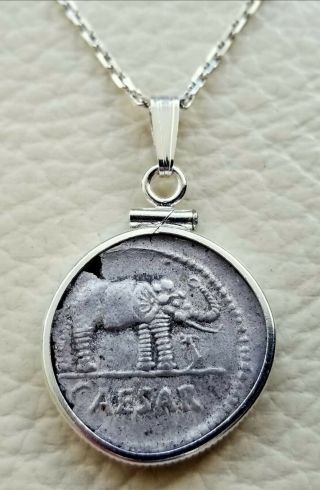Julius Caesar Ancient Roman " Elephant " Denarius Coin 925 Silver Necklace