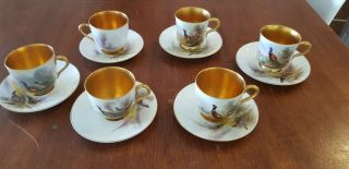 Set Of 6 Antique Vintage Royal Worcester Stinton Pheasants Cup And Saucers