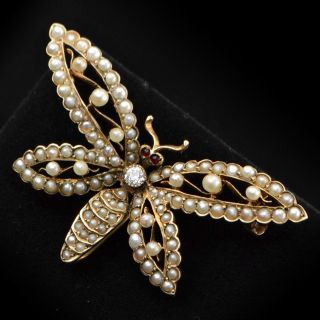Brooch 14k Yellow Gold Diamond & Pearl Butterfly Pin - Vintage Estate Jewelry